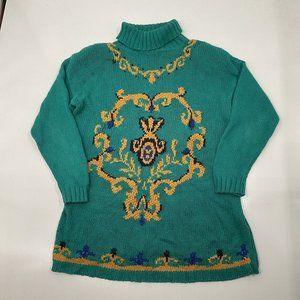 Vtg 80s Lady Roi Knit Turtle Neck Sweater - Long Tunic Style - M / L - Crochet